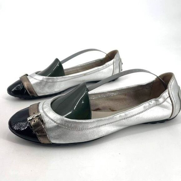 Tod's Womens Leather Round Toe Slip-On Ballet Flats Shoes Silver Black Size 38.5 - Picture 1 of 10